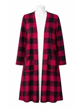 Size L LuLaRoe Womens Sarah Duster Cardigan Red Black Buffalo Plaid Long Sweater